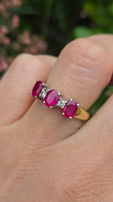 Vintage: 18ct Gold Three Ruby & Diamond Dress Ring