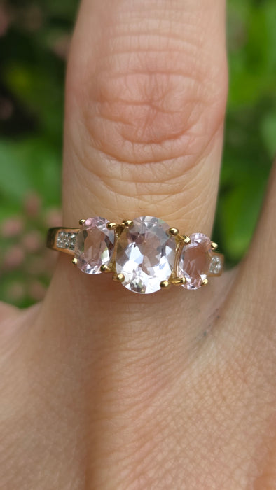 Vintage: 9ct Yellow Gold Morganite & Diamond Three-Stone Ring