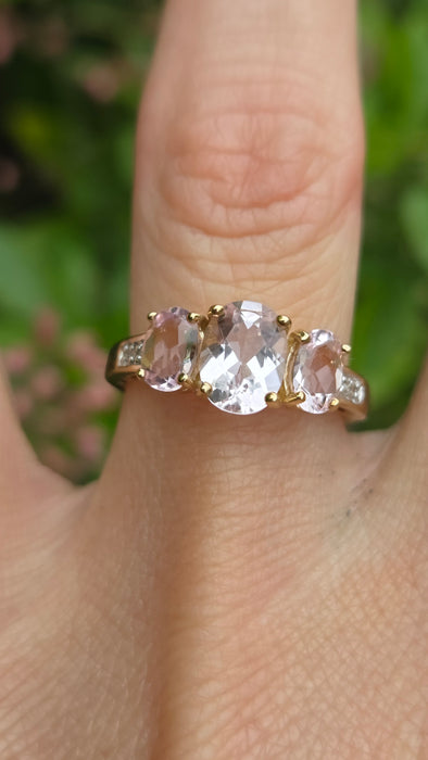 Vintage: 9ct Yellow Gold Morganite & Diamond Three-Stone Ring