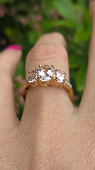 Vintage: 9ct Yellow Gold Morganite & Diamond Three-Stone Ring