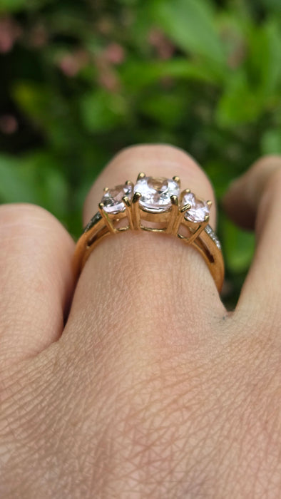 Vintage: 9ct Yellow Gold Morganite & Diamond Three-Stone Ring