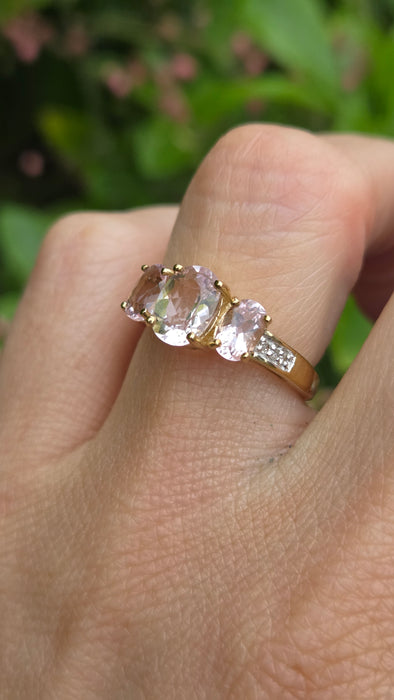 Vintage: 9ct Yellow Gold Morganite & Diamond Three-Stone Ring