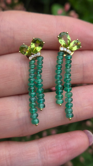 1485: Vintage: 18ct Gold Emeralds, Peridot, Diamonds Drop/Dangle Earrings- extraordinary