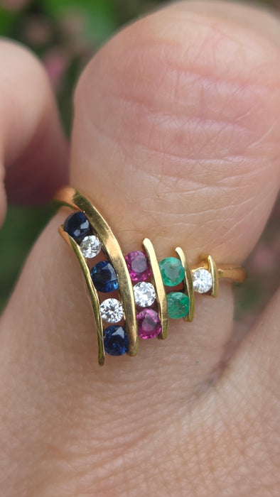 Vintage: 18ct Yellow Gold Diamond, Emerald, Ruby & Sapphire Wishbone Ring — 0.27ct — From 1989