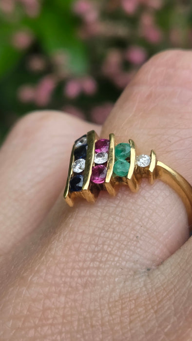 Vintage: 18ct Yellow Gold Diamond, Emerald, Ruby & Sapphire Wishbone Ring — 0.27ct — From 1989