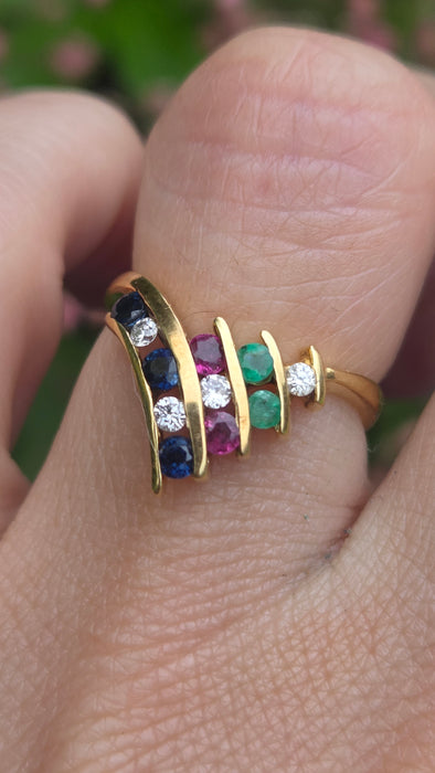 Vintage: 18ct Yellow Gold Diamond, Emerald, Ruby & Sapphire Wishbone Ring — 0.27ct — From 1989