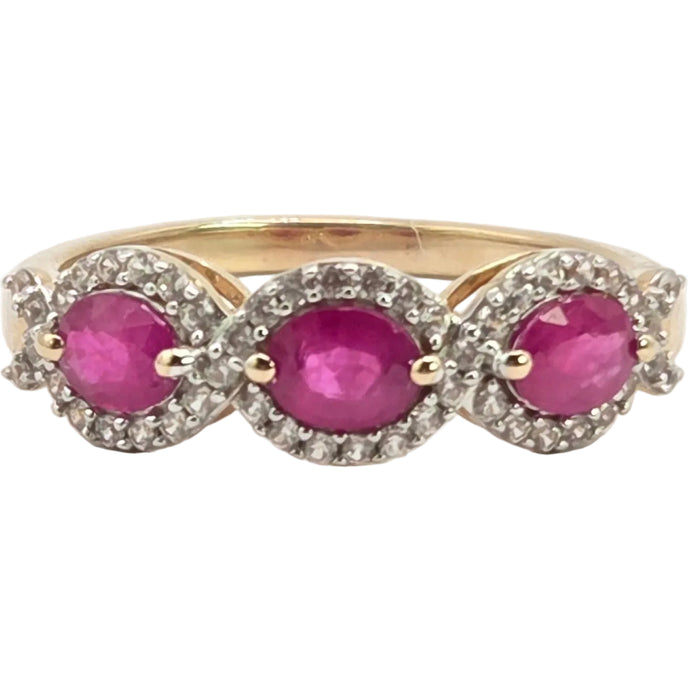 Vintage: 9ct Yellow Gold Ruby & Diamond Triple Halo Cluster Ring