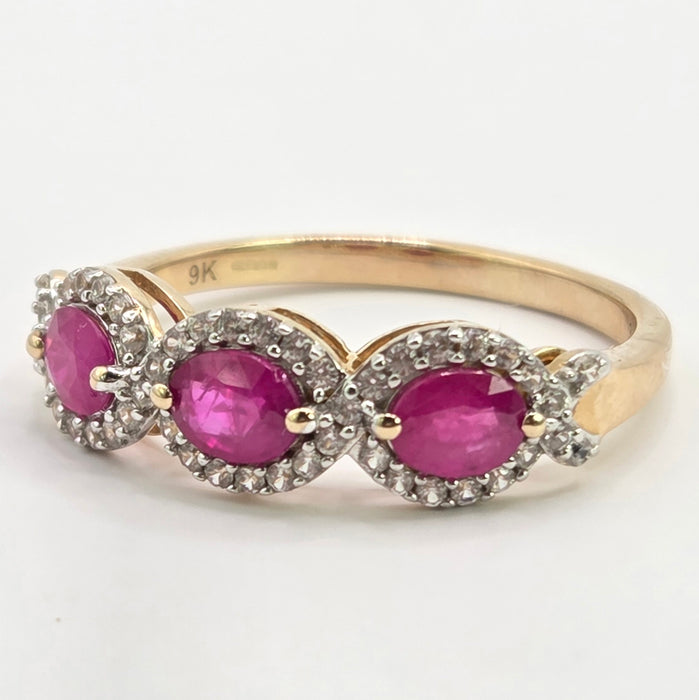 Vintage: 9ct Yellow Gold Ruby & Diamond Triple Halo Cluster Ring