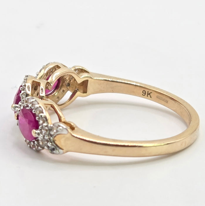 Vintage: 9ct Yellow Gold Ruby & Diamond Triple Halo Cluster Ring