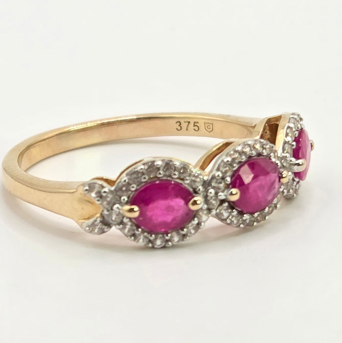 Vintage: 9ct Yellow Gold Ruby & Diamond Triple Halo Cluster Ring