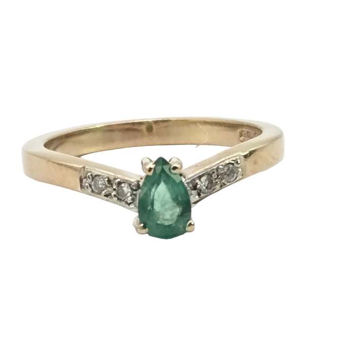 Vintage: 9ct Yellow Gold Pear Emerald & Diamond Shoulder Ring