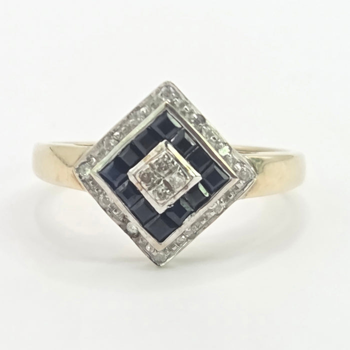 Vintage: 9ct Yellow Gold Art Deco Sapphire & Diamond Geometric Panel Ring