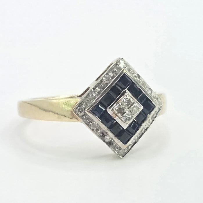 Vintage: 9ct Yellow Gold Art Deco Sapphire & Diamond Geometric Panel Ring