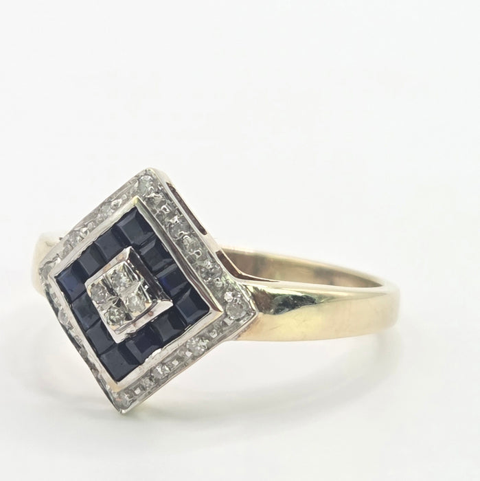 Vintage: 9ct Yellow Gold Art Deco Sapphire & Diamond Geometric Panel Ring