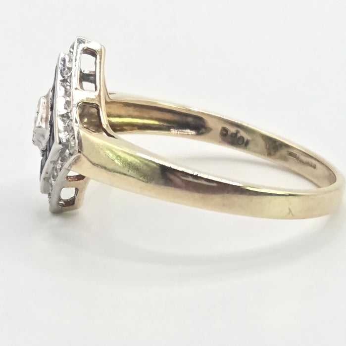 Vintage: 9ct Yellow Gold Art Deco Sapphire & Diamond Geometric Panel Ring