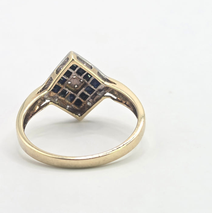 Vintage: 9ct Yellow Gold Art Deco Sapphire & Diamond Geometric Panel Ring
