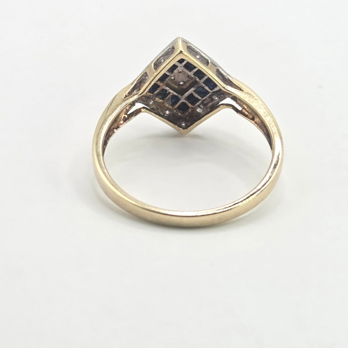 Vintage: 9ct Yellow Gold Art Deco Sapphire & Diamond Geometric Panel Ring