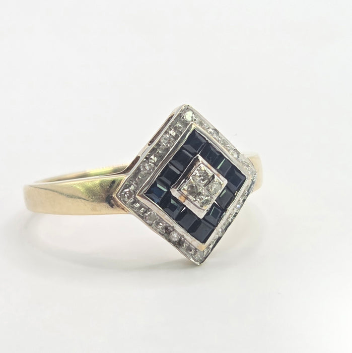 Vintage: 9ct Yellow Gold Art Deco Sapphire & Diamond Geometric Panel Ring