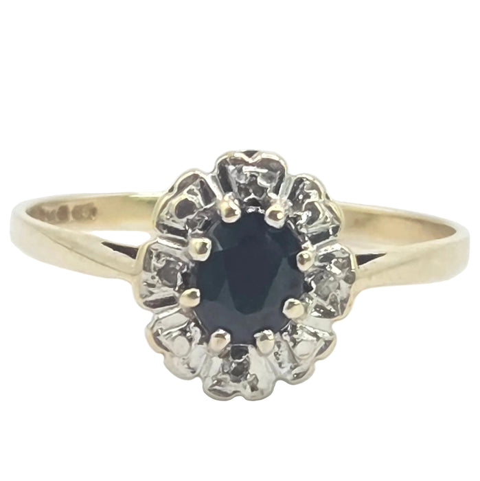Vintage: 9ct Yellow Gold Oval Sapphire & Diamond Cluster Ring