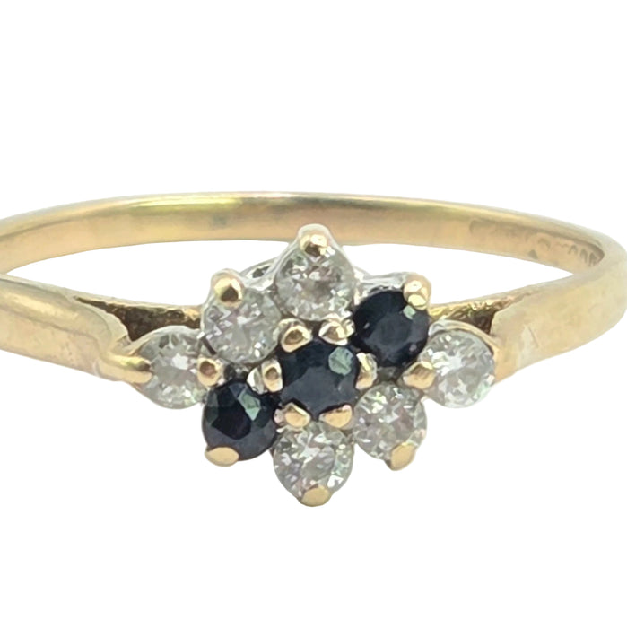 Vintage: 9ct Yellow Gold Sapphire & Simulated Diamond Cluster Ring — From 1986