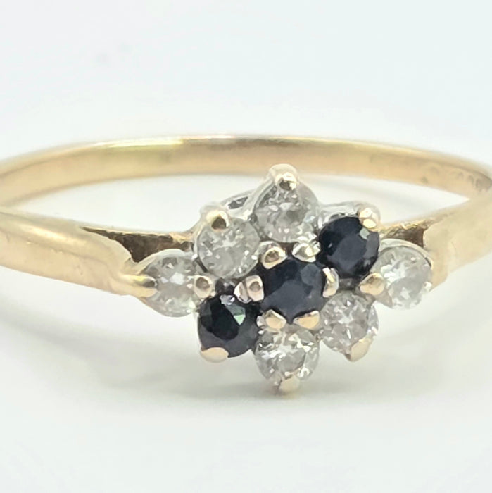 Vintage: 9ct Yellow Gold Sapphire & Simulated Diamond Cluster Ring — From 1986