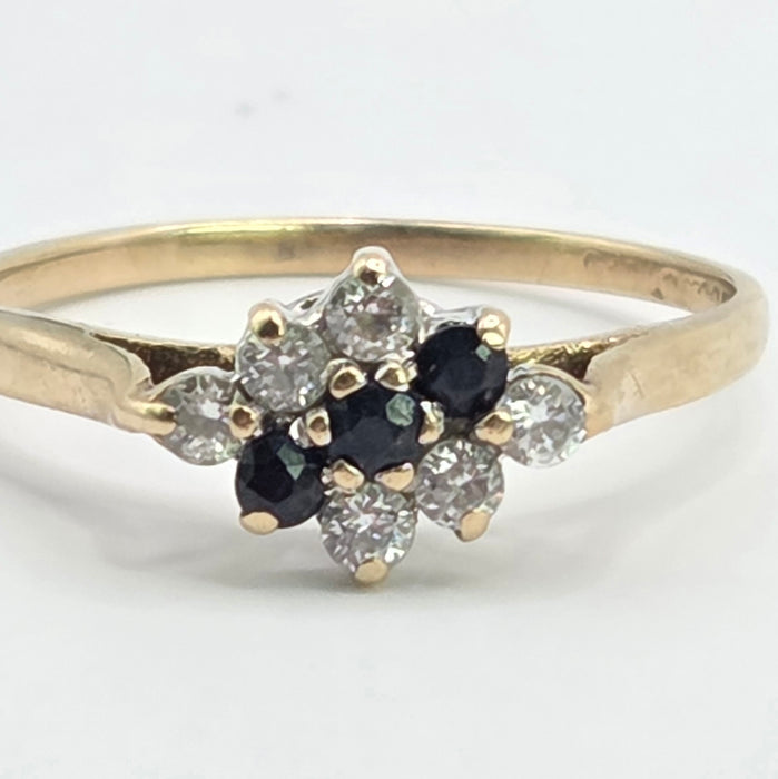 Vintage: 9ct Yellow Gold Sapphire & Simulated Diamond Cluster Ring — From 1986
