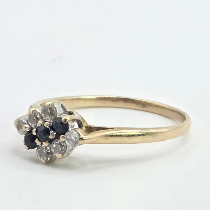 Vintage: 9ct Yellow Gold Sapphire & Simulated Diamond Cluster Ring — From 1986
