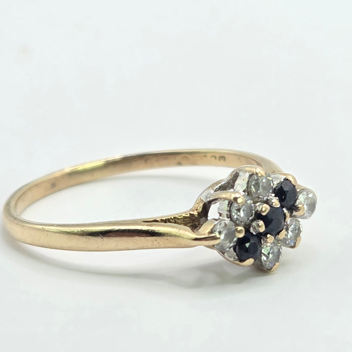 Vintage: 9ct Yellow Gold Sapphire & Simulated Diamond Cluster Ring — From 1986