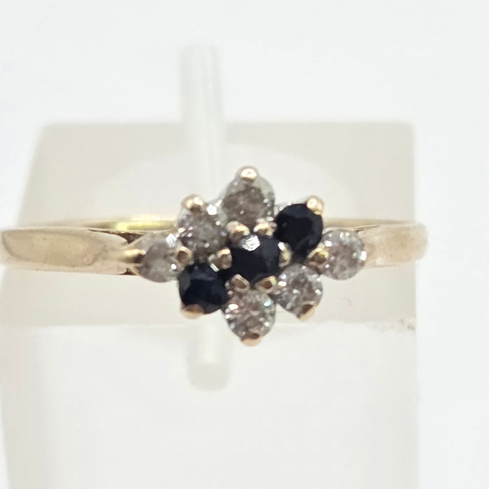 Vintage: 9ct Yellow Gold Sapphire & Simulated Diamond Cluster Ring — From 1986