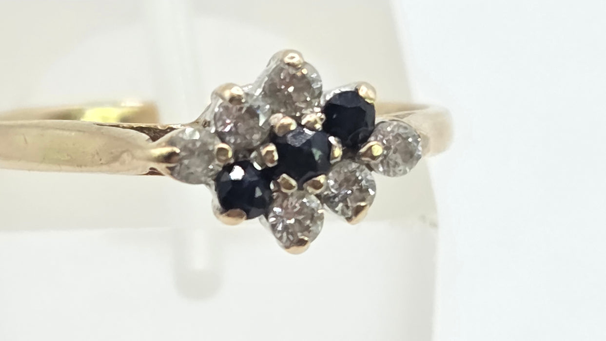 Vintage: 9ct Yellow Gold Sapphire & Simulated Diamond Cluster Ring — From 1986