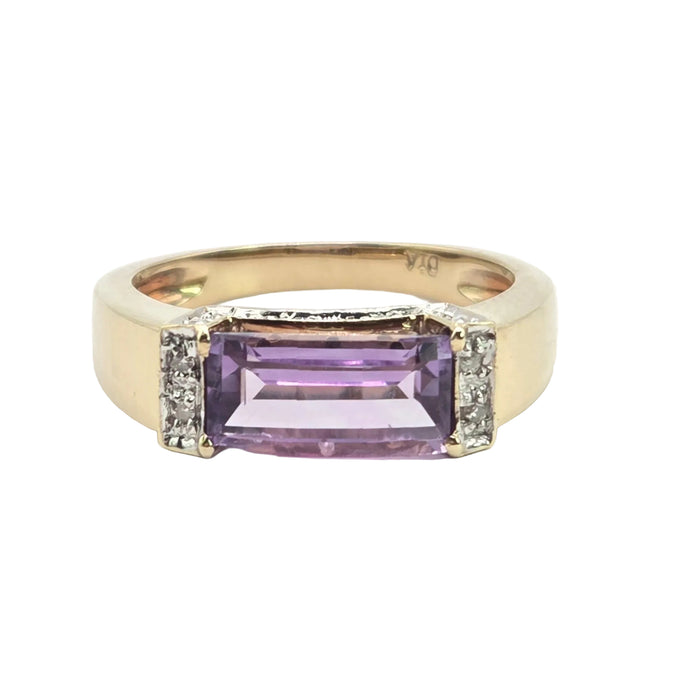 Vintage: 9ct Yellow Gold Rectangular Amethyst & Diamond Dress Ring