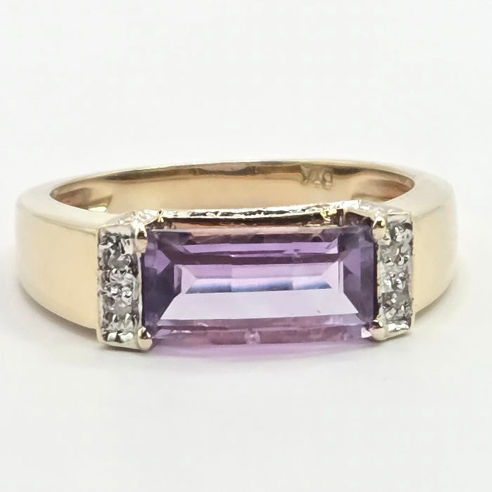 Vintage: 9ct Yellow Gold Rectangular Amethyst & Diamond Dress Ring