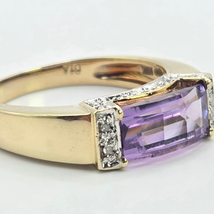Vintage: 9ct Yellow Gold Rectangular Amethyst & Diamond Dress Ring