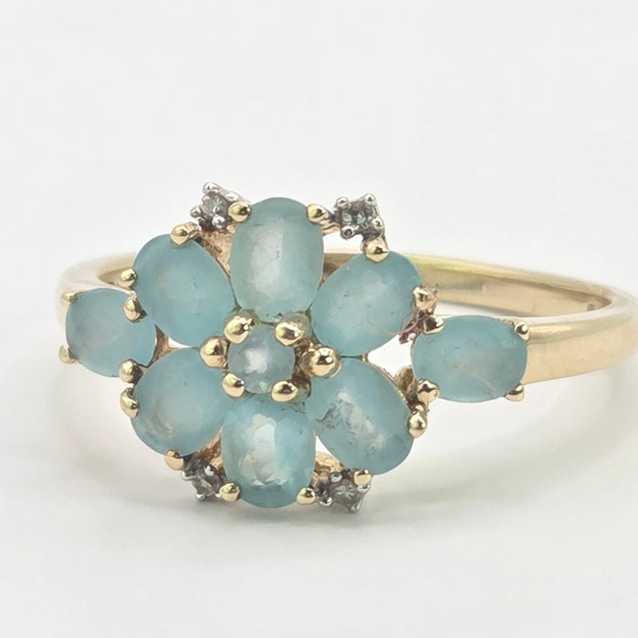 Vintage: 9ct Yellow Gold Aquamarine & Diamond Floral Cluster Ring