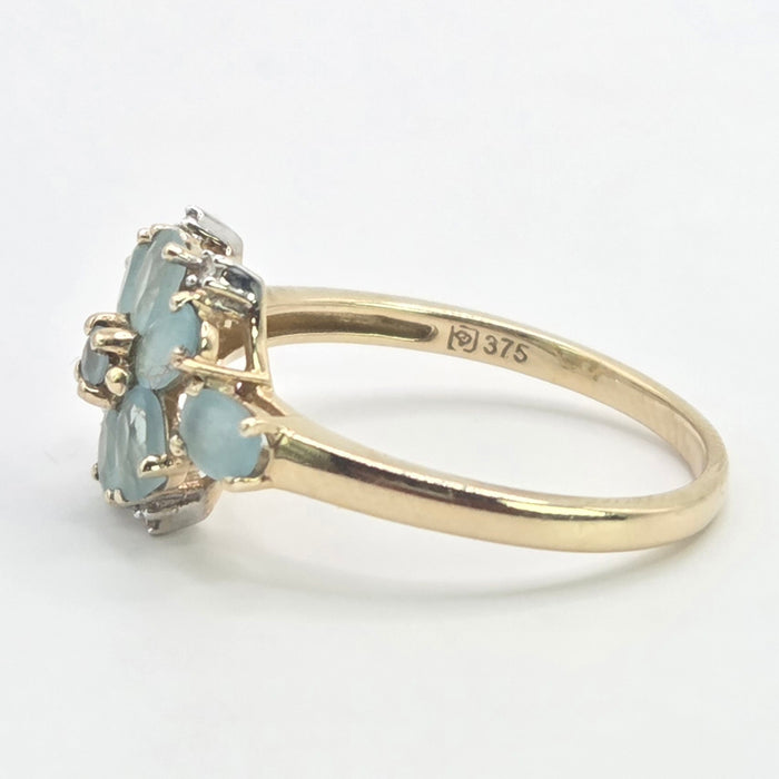 Vintage: 9ct Yellow Gold Aquamarine & Diamond Floral Cluster Ring