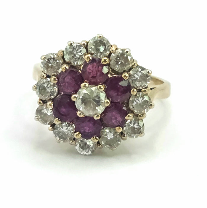 Vintage: 9ct Yellow Gold Garnet & Goshenite Round Cluster Cocktail Ring — From 1985