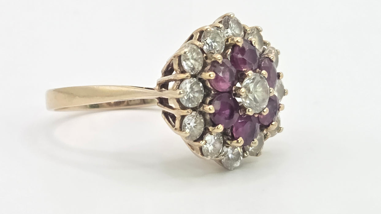 Vintage: 9ct Yellow Gold Garnet & Goshenite Round Cluster Cocktail Ring — From 1985