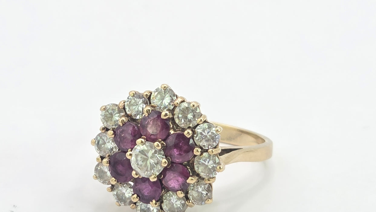 Vintage: 9ct Yellow Gold Garnet & Goshenite Round Cluster Cocktail Ring — From 1985