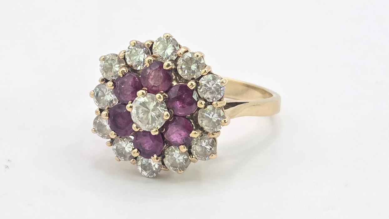 Vintage: 9ct Yellow Gold Garnet & Goshenite Round Cluster Cocktail Ring — From 1985
