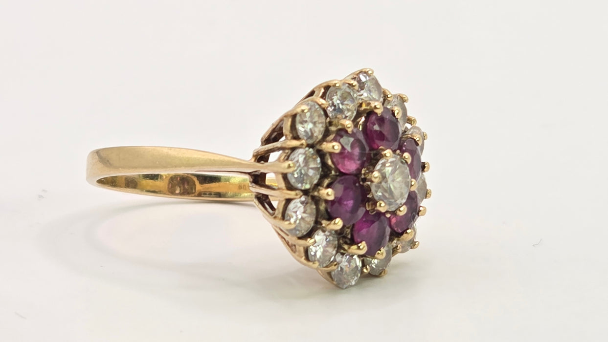 Vintage: 9ct Yellow Gold Garnet & Goshenite Round Cluster Cocktail Ring — From 1985