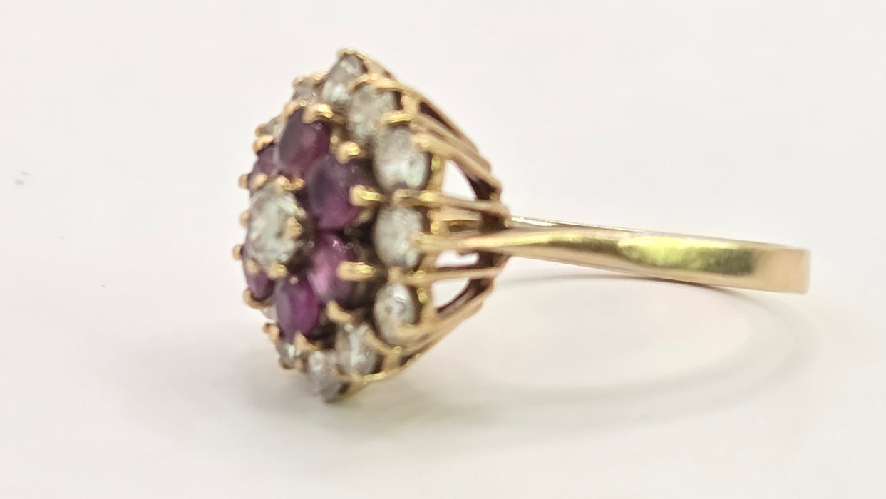 Vintage: 9ct Yellow Gold Garnet & Goshenite Round Cluster Cocktail Ring — From 1985