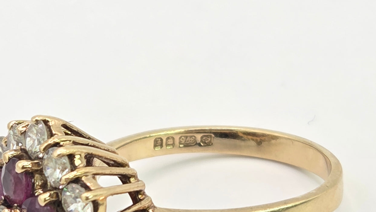 Vintage: 9ct Yellow Gold Garnet & Goshenite Round Cluster Cocktail Ring — From 1985