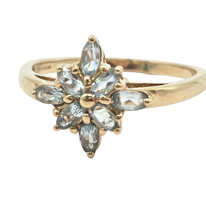 Vintage: 9ct Yellow Gold Oval Aquamarine Floral Star Cluster Ring