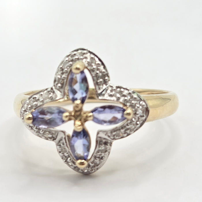 Vintage: 9ct Yellow Gold Tanzanite & Diamond Four-Petal Flower Ring