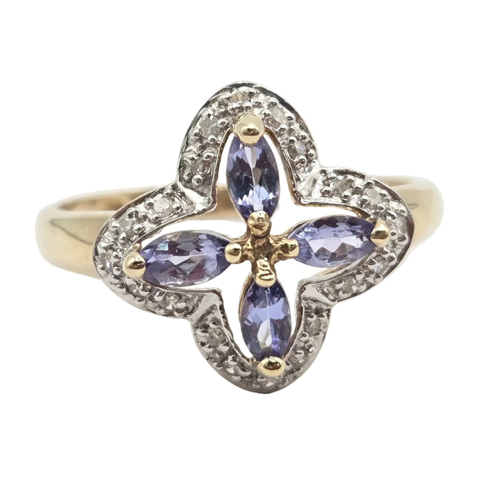 Vintage: 9ct Yellow Gold Tanzanite & Diamond Four-Petal Flower Ring