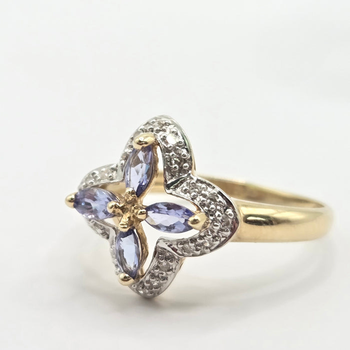 Vintage: 9ct Yellow Gold Tanzanite & Diamond Four-Petal Flower Ring