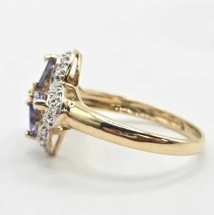 Vintage: 9ct Yellow Gold Tanzanite & Diamond Four-Petal Flower Ring