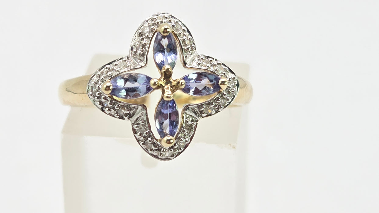 Vintage: 9ct Yellow Gold Tanzanite & Diamond Four-Petal Flower Ring