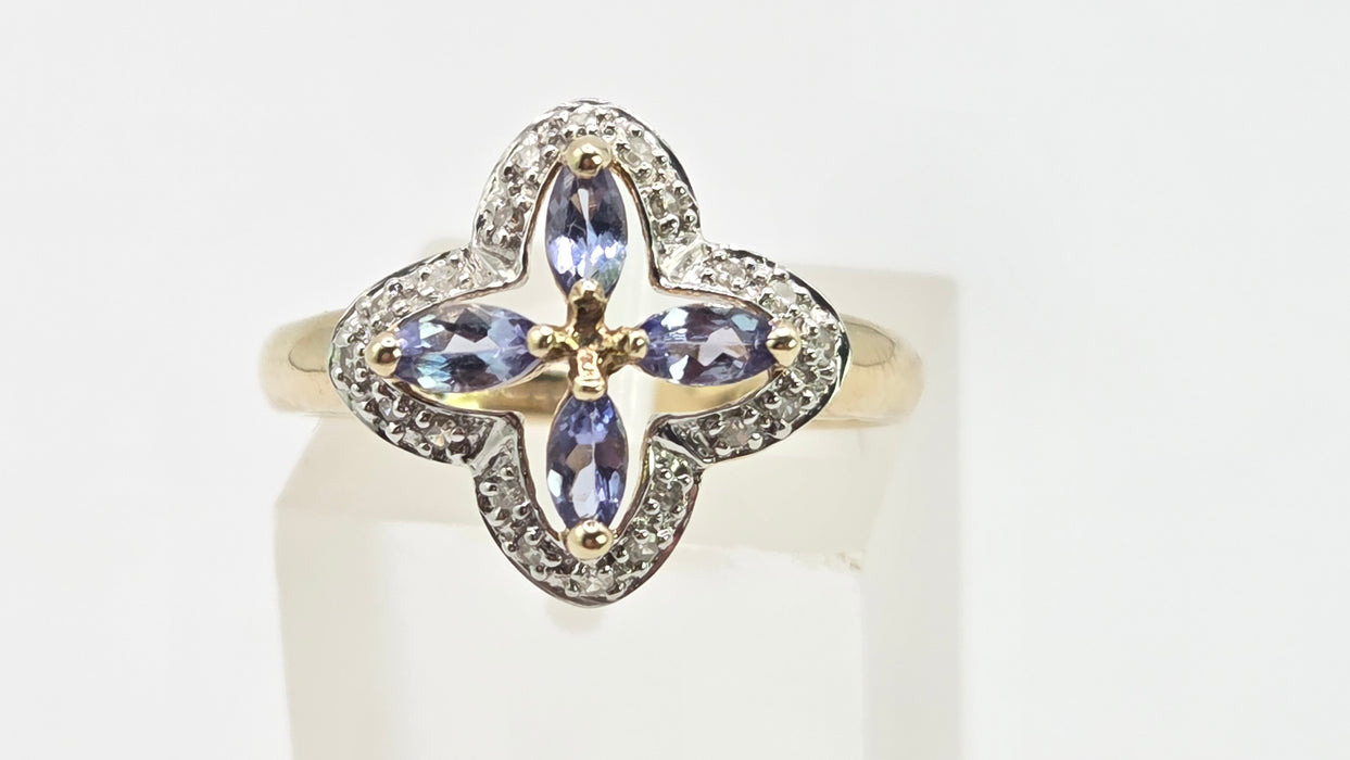 Vintage: 9ct Yellow Gold Tanzanite & Diamond Four-Petal Flower Ring