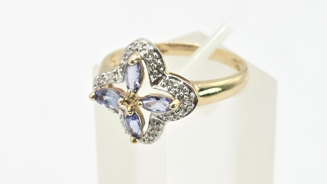 Vintage: 9ct Yellow Gold Tanzanite & Diamond Four-Petal Flower Ring